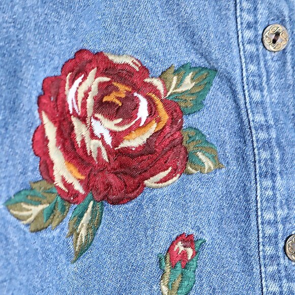 Vintage Bushwacker Floral Embroidered Oversized Denim Shirt Western Cottagecore - Picture 7 of 8